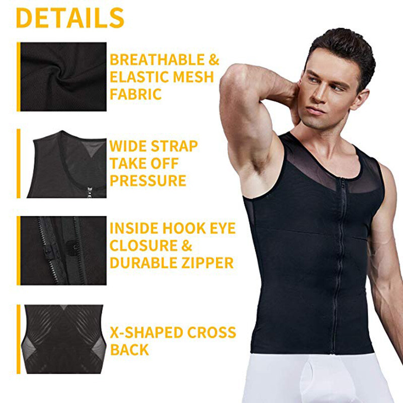 Mens Gynecomastia Moobs Belly Compression Shirt Zipper Slimming Body Shaper Vest