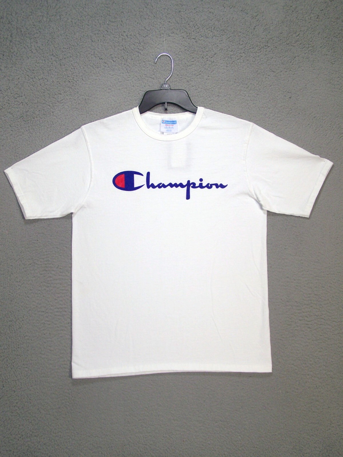 Champion Shirt Adult Medium White Spell Out Logo Heavy Cotton Athleticwear Mens