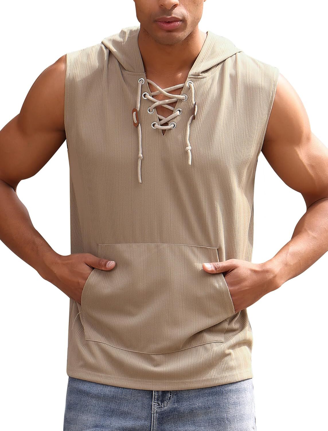 Men’s Sleeveless Hooded Tank Top with Pocket Casual Workout Pullover Vest