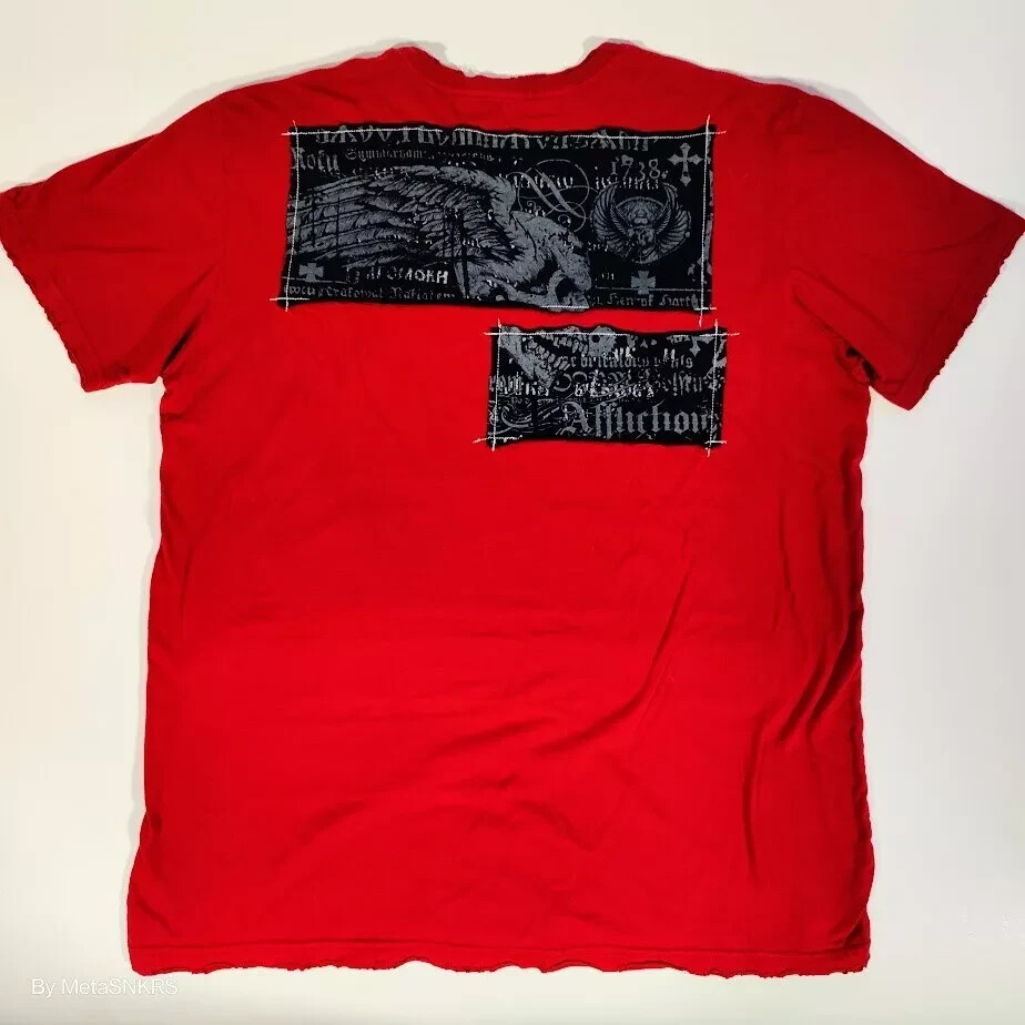 Affliction T Shirt Men XL Red Black Gray Silver Foil Patch Skull USA Distressed