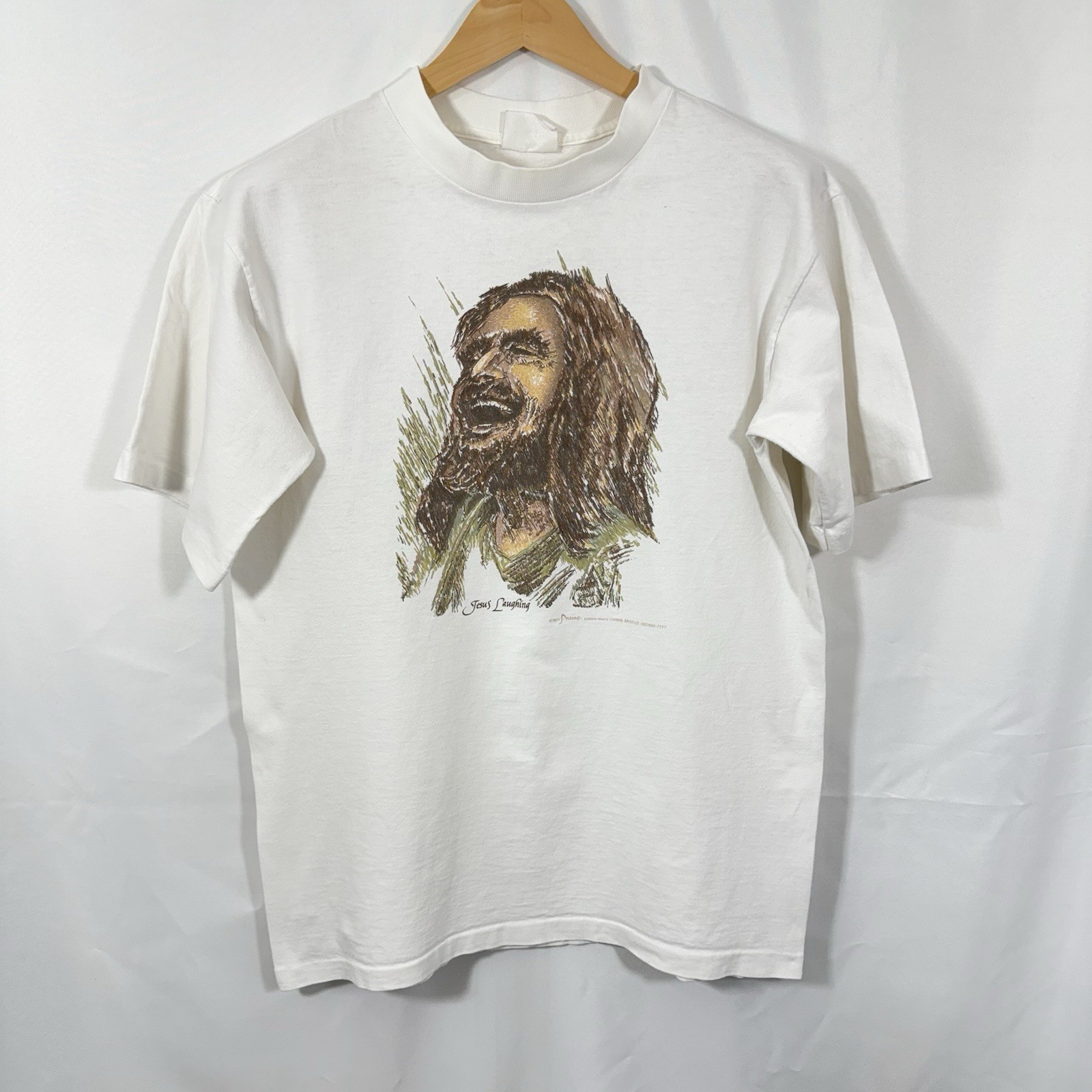 Vintage Jesus Laughing Christian Graphic Art Shirt USA Mens Medium