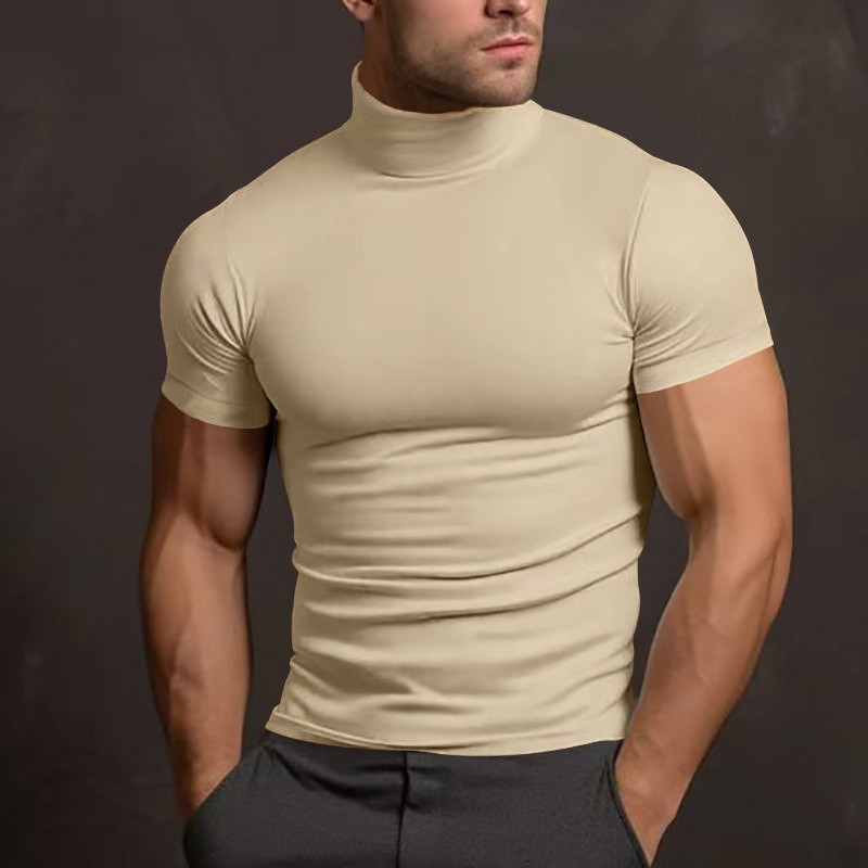 Men Solid Color Mock Neck Short Sleeve Tight Fitted Basic T Shirt Slim Casual