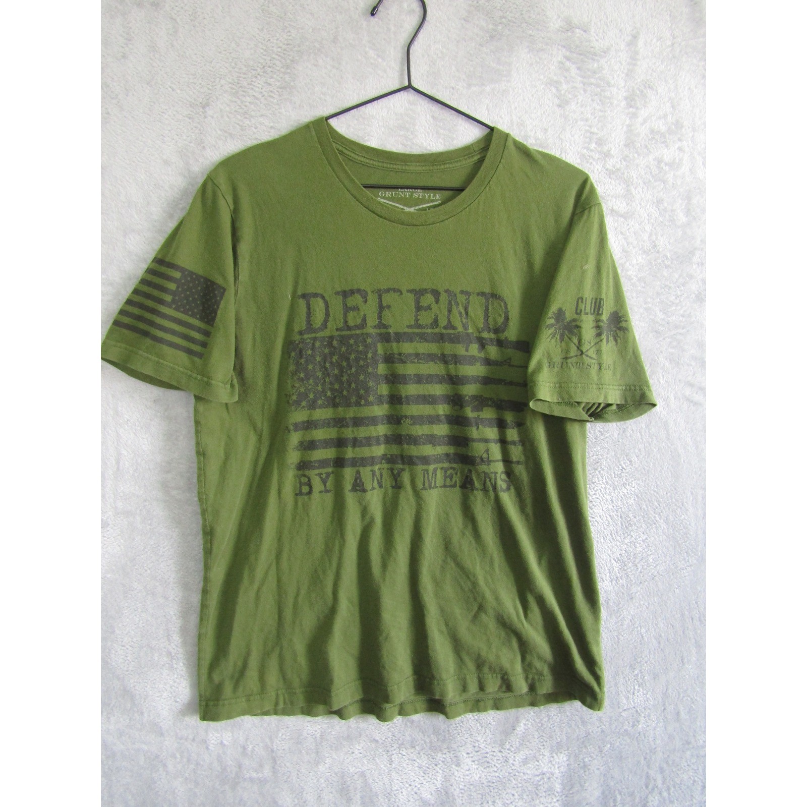 Grunt Style Defend By Any Means Mens Large Olive Green American Flag T-Shirt