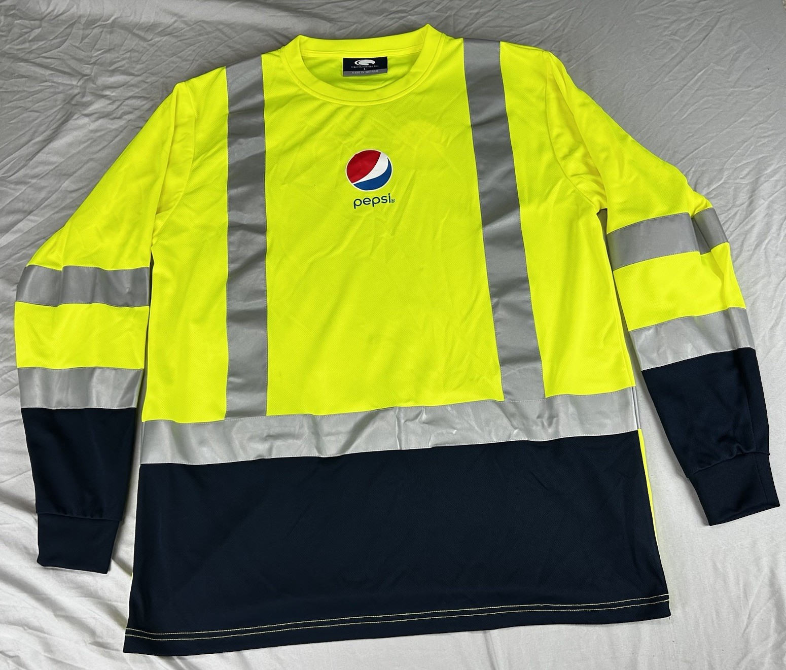 PEPSI Recycled Plastic Long Sleeve T-Shirt Large Reflective Neon Yellow NICE!