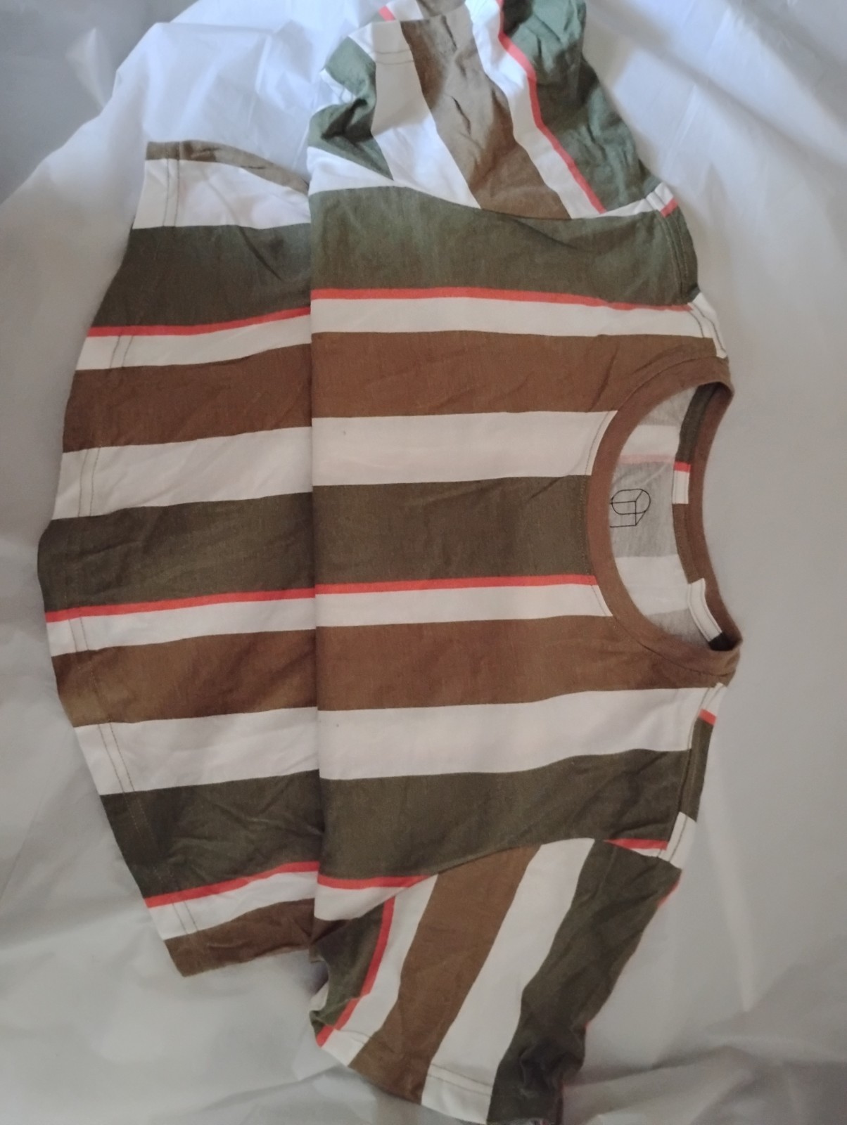 Original Use Green Brown White Striped Short Sleeve Curved Hem T-Shirt, Childs S