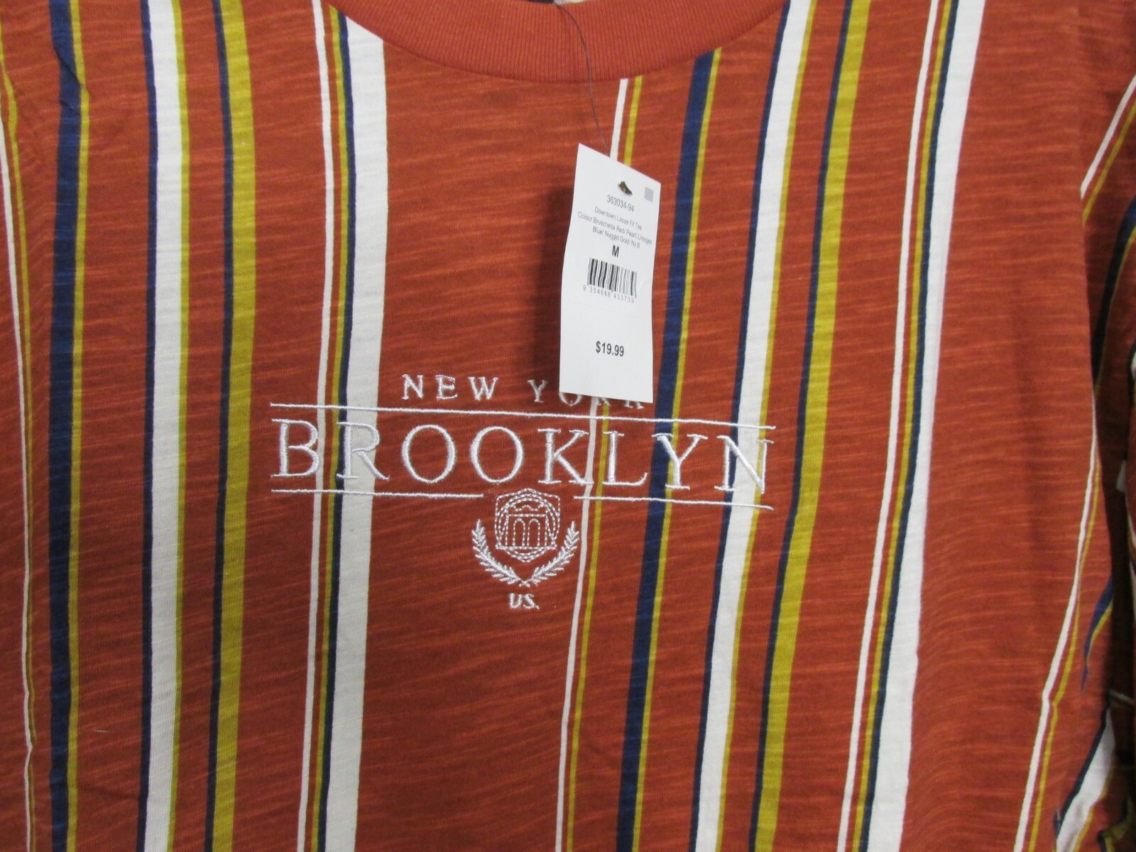 Men’s Cotton:On Vertical Striped T-Shirt Brooklyn New York Orange Size MED
