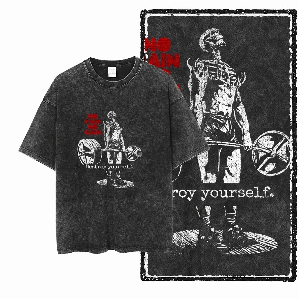 Mens Acid Wash Graphic T Shirt YG Bodybuilding Gym Streetwear Cotton Tee