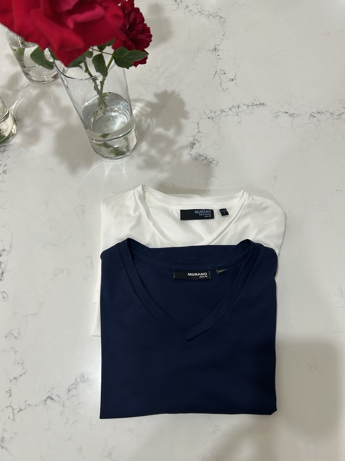 Lot of 2 Murano Men’s Large Slim Fit V-Neck Short Sleeve Tee White Navy Blue