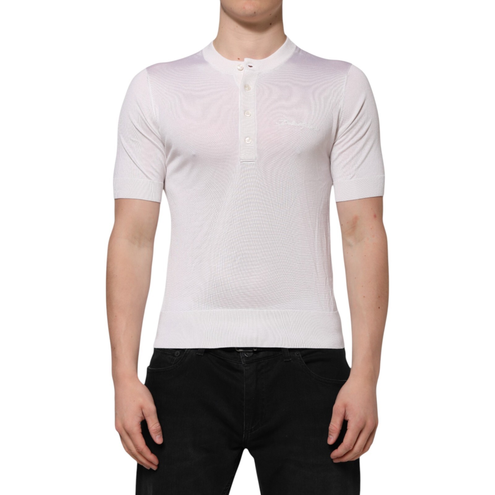 DOLCE & GABBANA T-shirt White Silk Short Sleeves Men Henley IT46/US36/S 1350usd