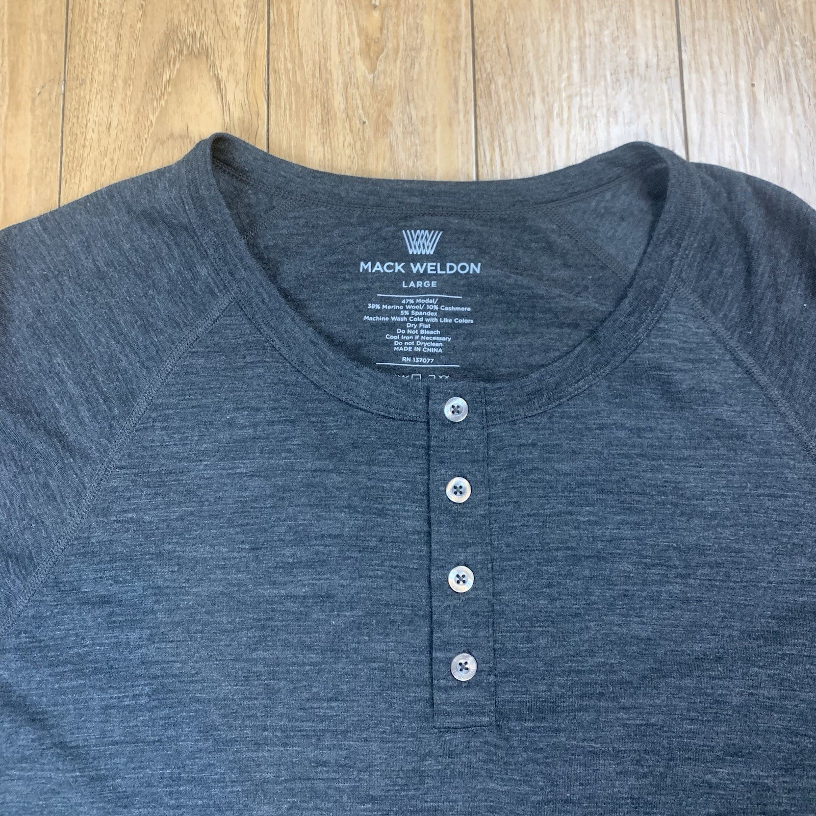 Mack Weldon Henley Shirt Men L Gray Cashmere Wool Knit Long Sleeve