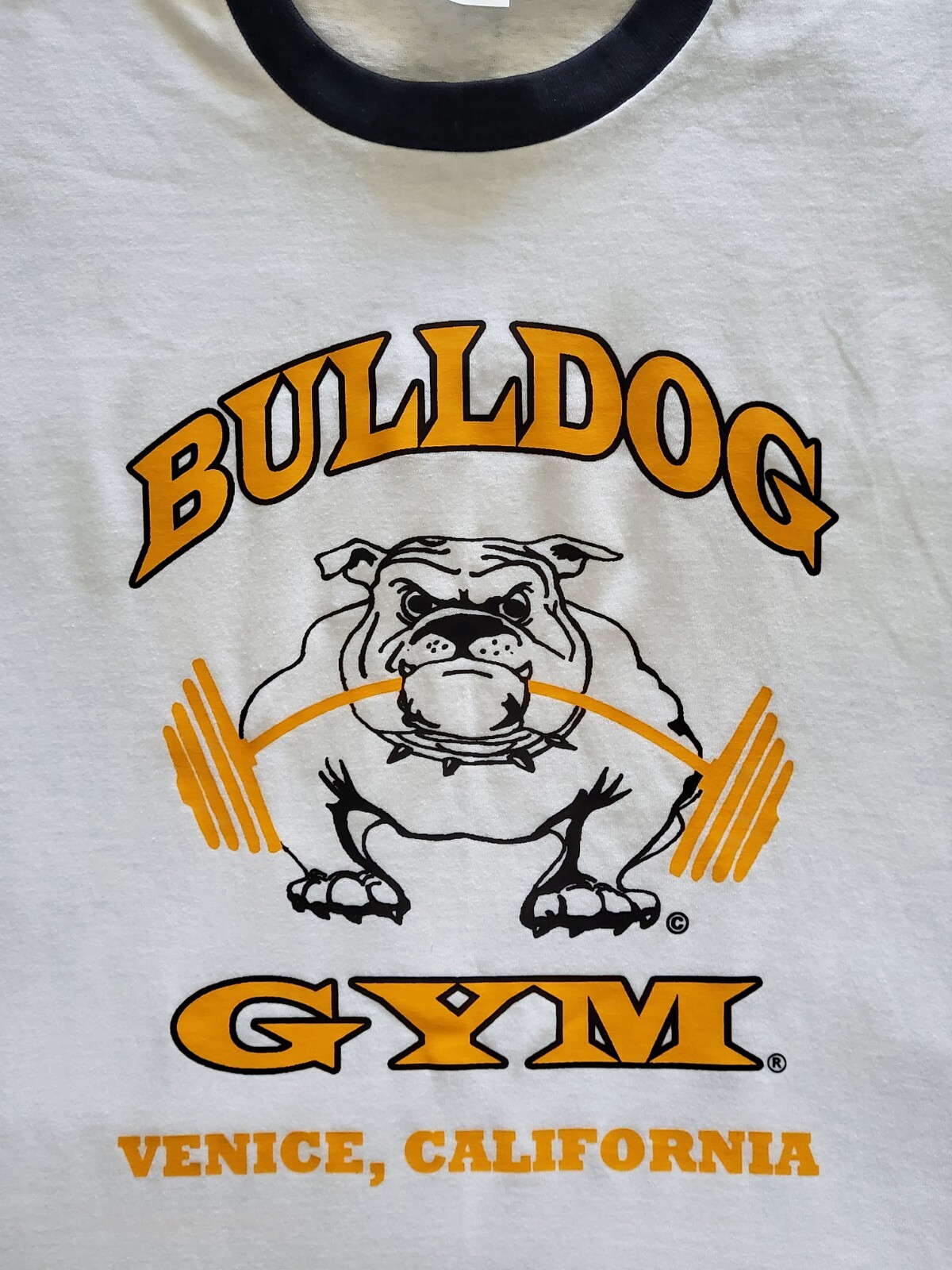 Bulldog Gym Venice Beach California White / Black / Vintage Gold Ringer T-Shirt