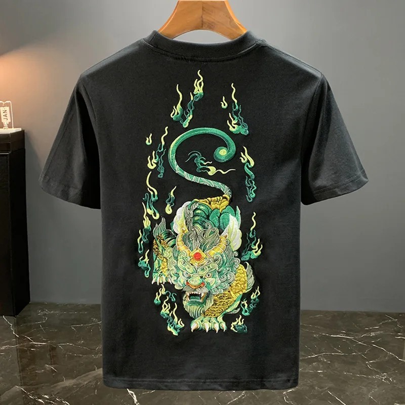 Men Embroidery Dragon Graphic T-Shirt Casual Short Sleeve Crewneck Cotton Tee