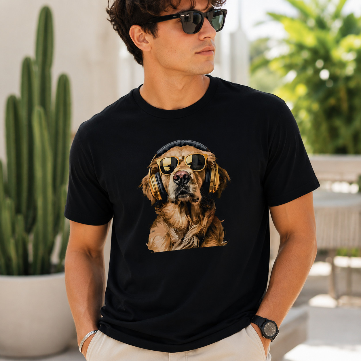 Funny Golden Retriever Music Lover T Shirt Black Cotton Graphic Tee Unisex Casua