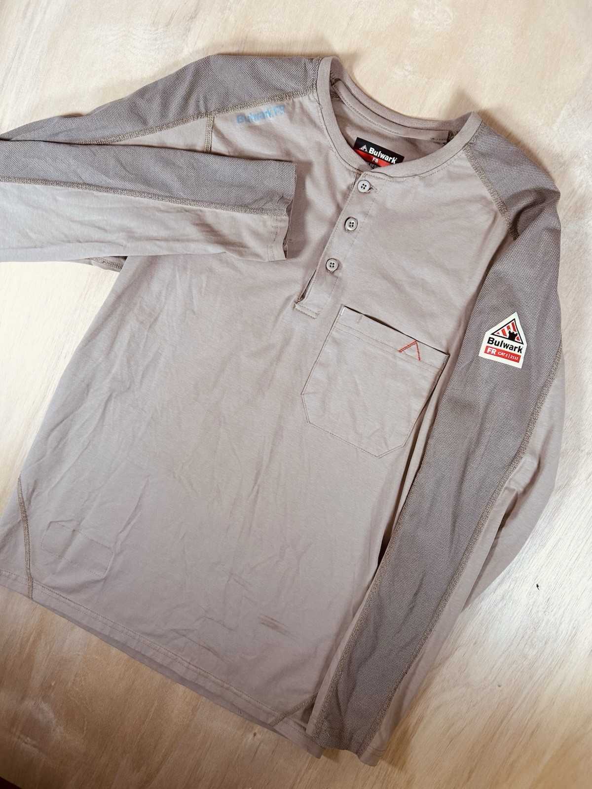 Bulwark FR Henley Shirt M/L Beige Tan CAT 2 CAL Flame Resistant HRC ARC Mens