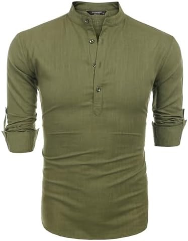 Men’s Shirt Long Sleeve Army Green Relaxed Fit Summer Cotton,Linen Lightweight
