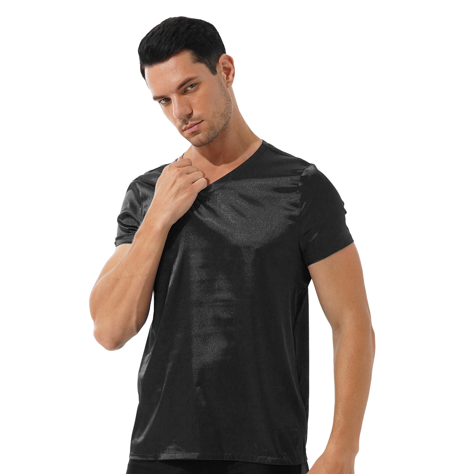 Mens Shiny Satin Sleep T-Shirt Short Sleeve V Neck Lounge Casual Top Blouses