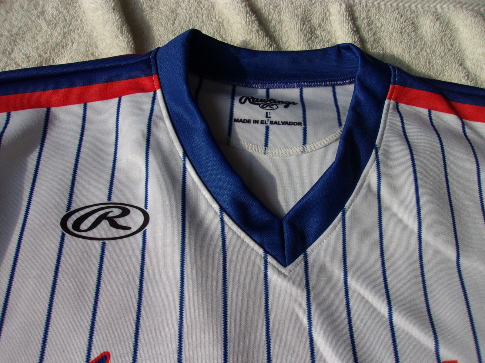 NWOT Rawlings loose fit baseball T, v neck, men’s L, white, blue, Chargers