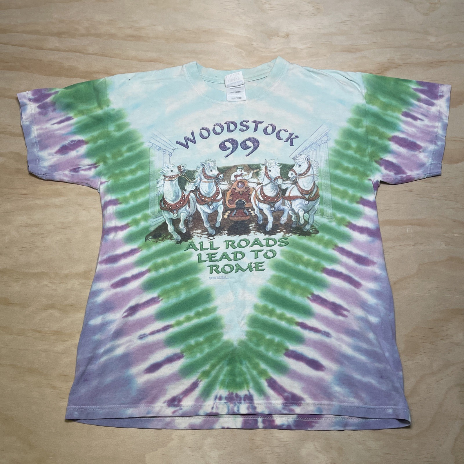 WOODSTOCK 99 VINTAGE TIE DYE LARGE T-SHIRT ALL ROADS LEAD TO ROME