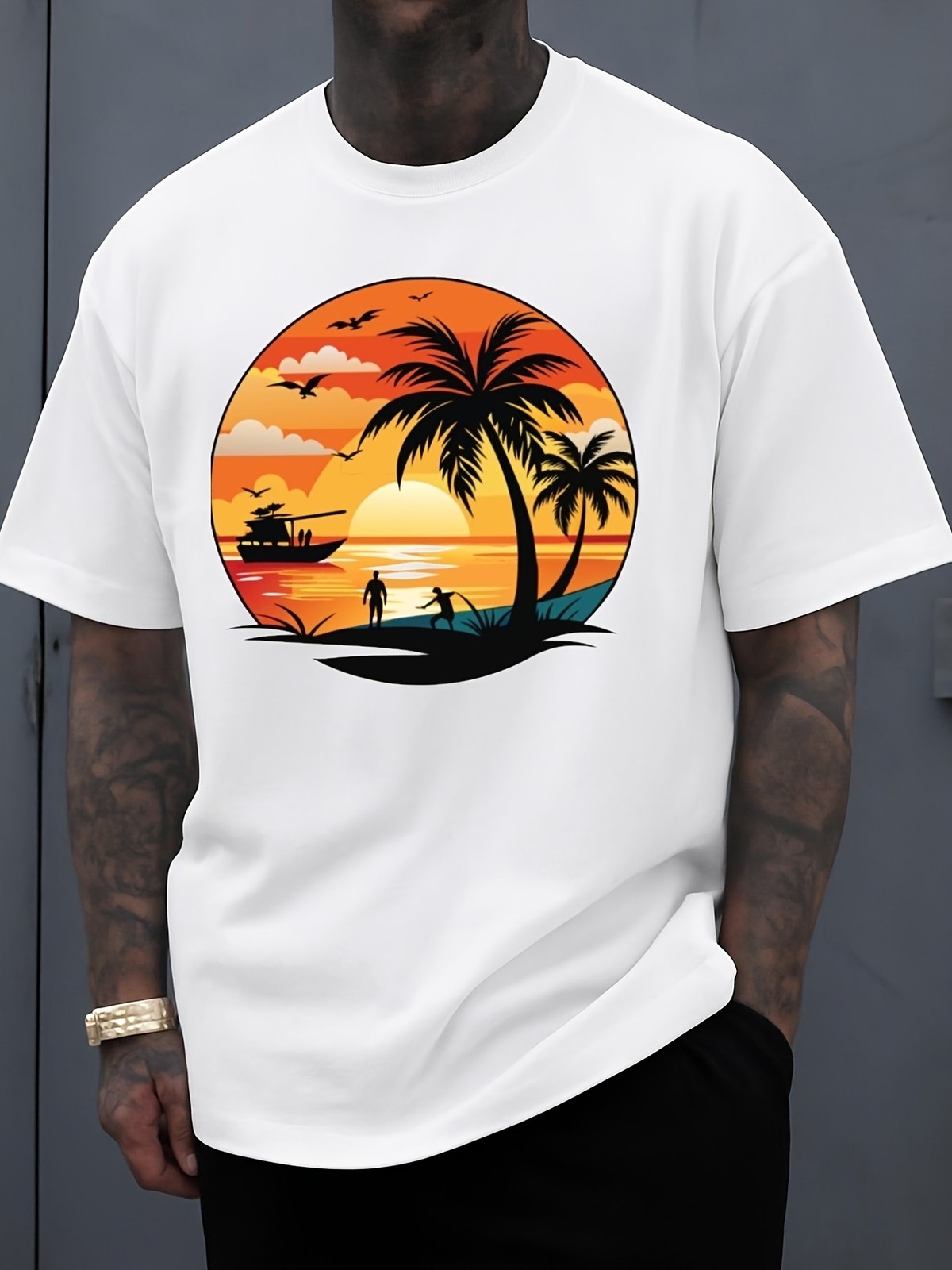 Vintage Tropical Sunset Shirt Palm Tree Ocean Men Women’s Casual Tee Beach ❀