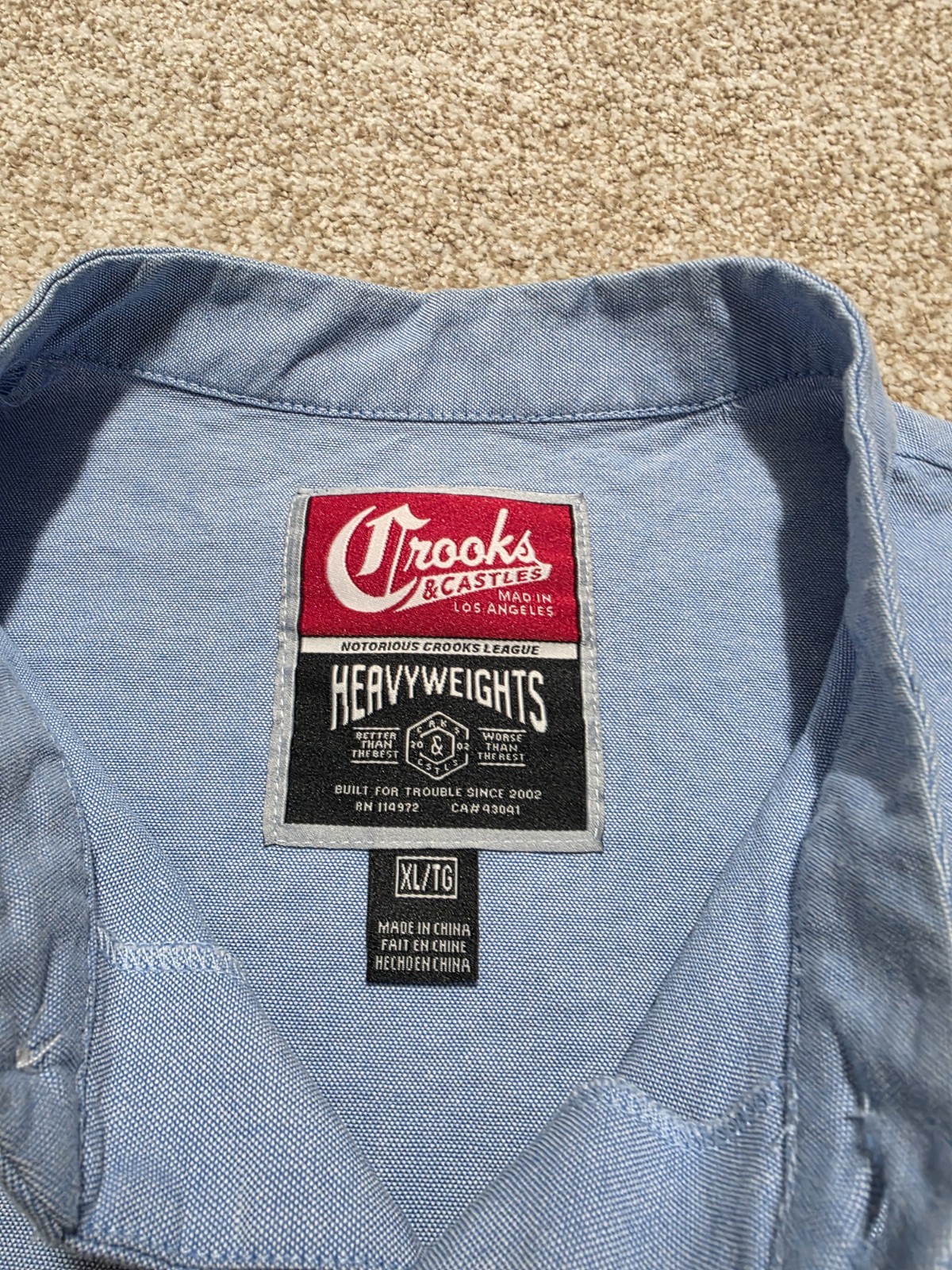 Crooks & Castles Men’s Button Up Blue Baseball Heavyweights Jersey Size XL