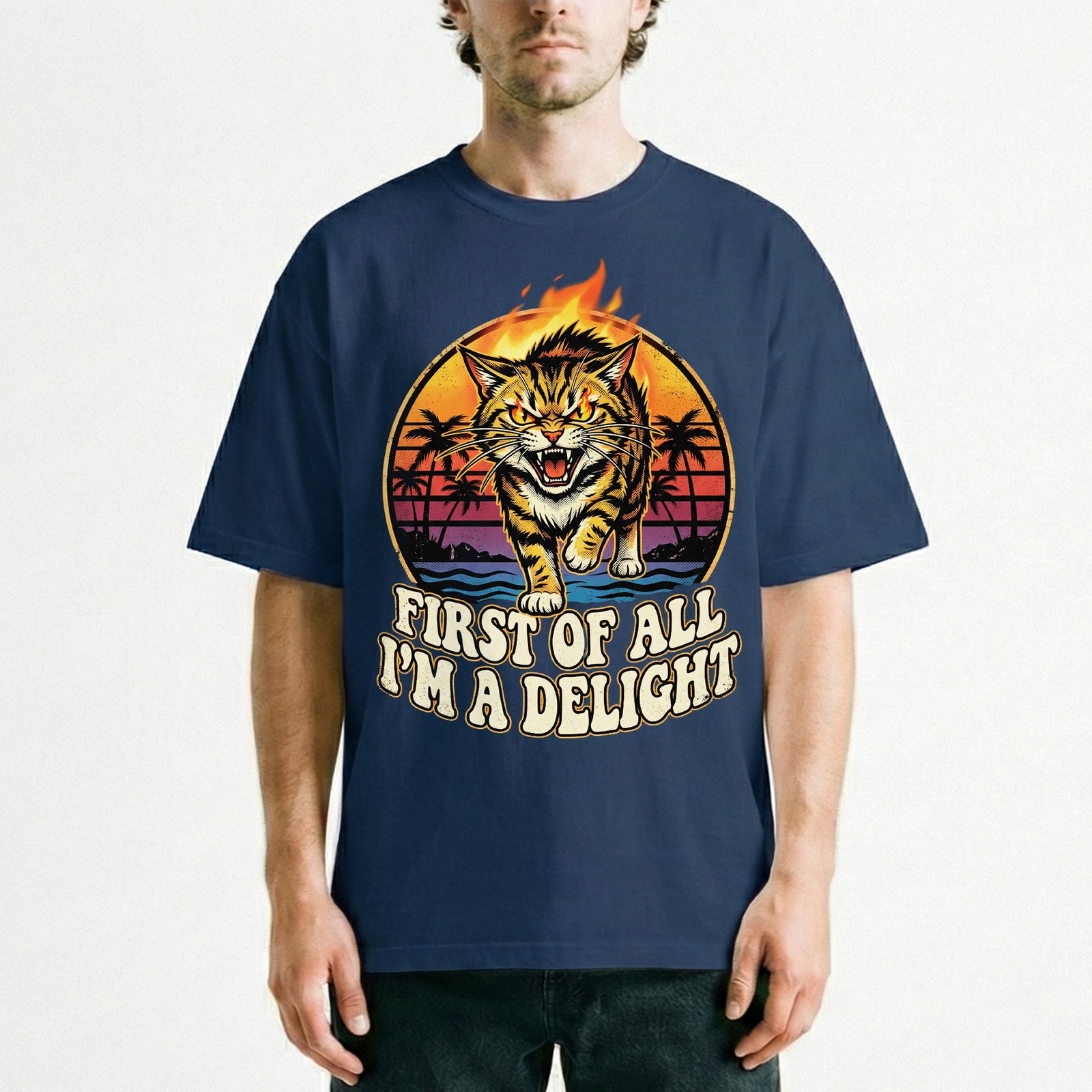 Angry Tiger Fire Eyes Tropical Beach Tee Retro Sunset Palm Trees T-Shirt
