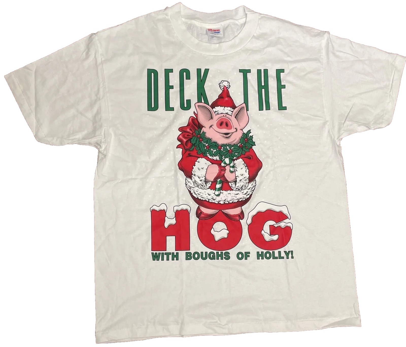 Rare VTG 90s Single Stitch T Shirt Hanes Deck The HOG With Boughs Of Holly Sz XL