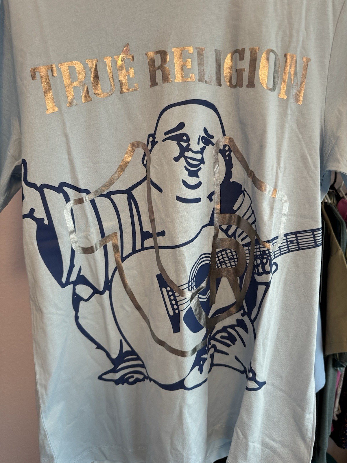 True Religion Buddha Foil Light Blue Tshirt. Men’s Large. NWT