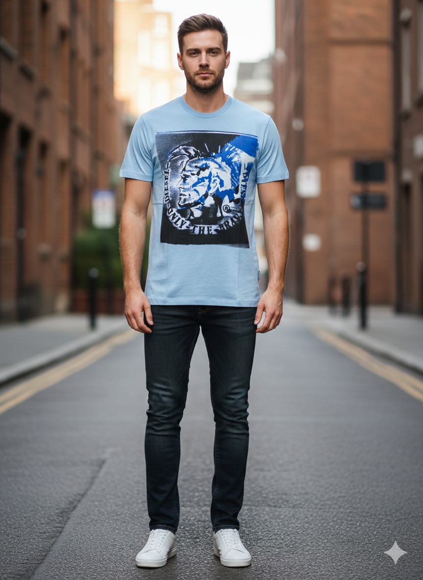 Vintage Y2K $58 DIESEL Light Blue MOHICAN Short Sleeve Slim Fit Designer T-shirt