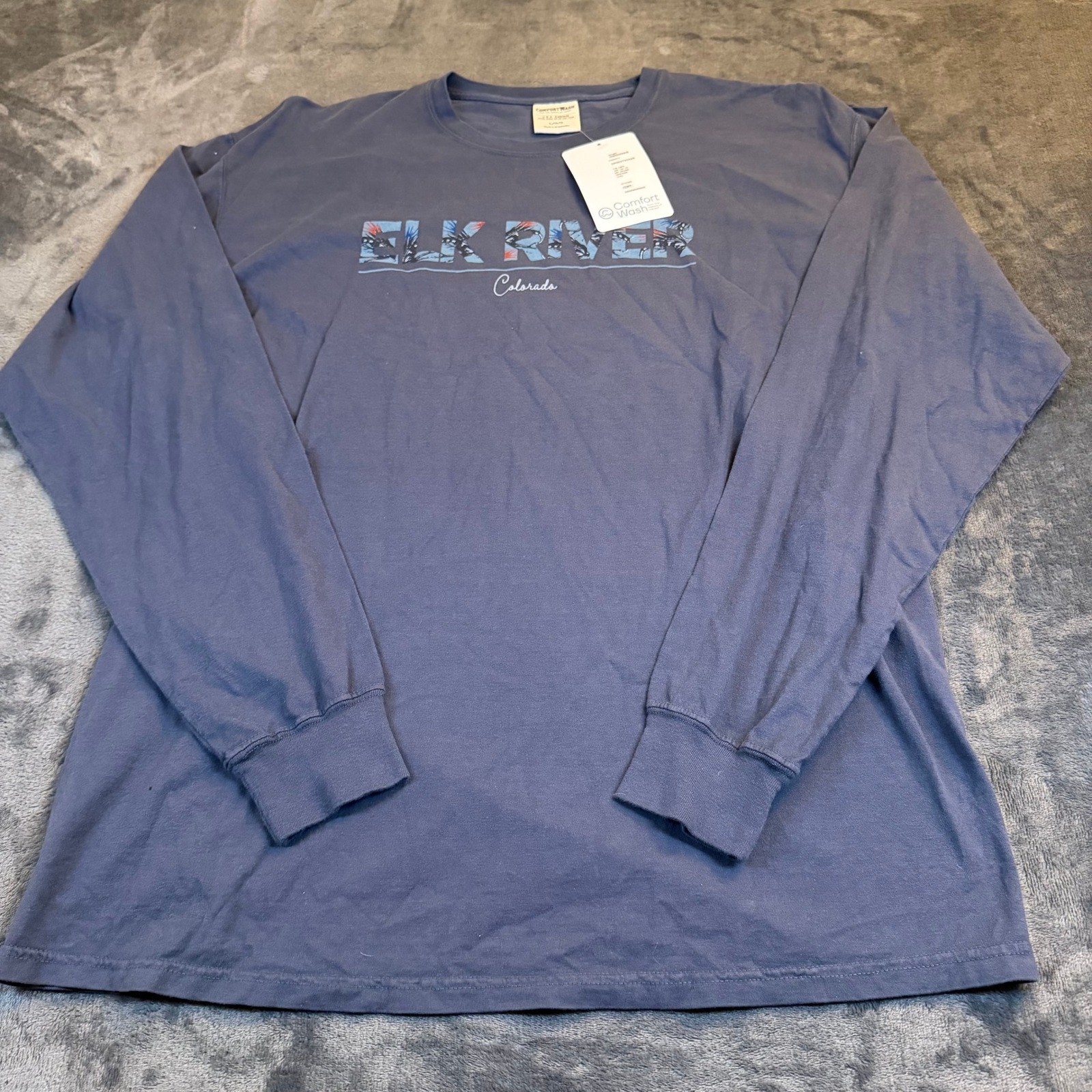 ComfortWash Hanes Elk River Colorado Long Sleeve Graphic T-Shirt Blue Mens Large