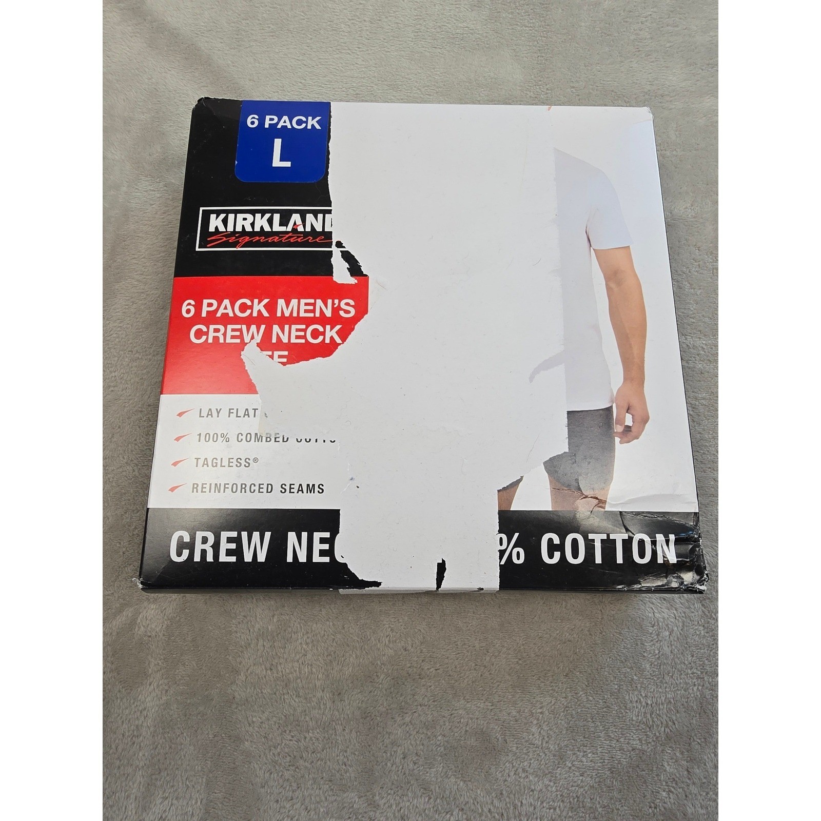 Kirkland Signature Crew Neck T-Shirt Mens Large White 6 Pack 100% Cotton Tagless