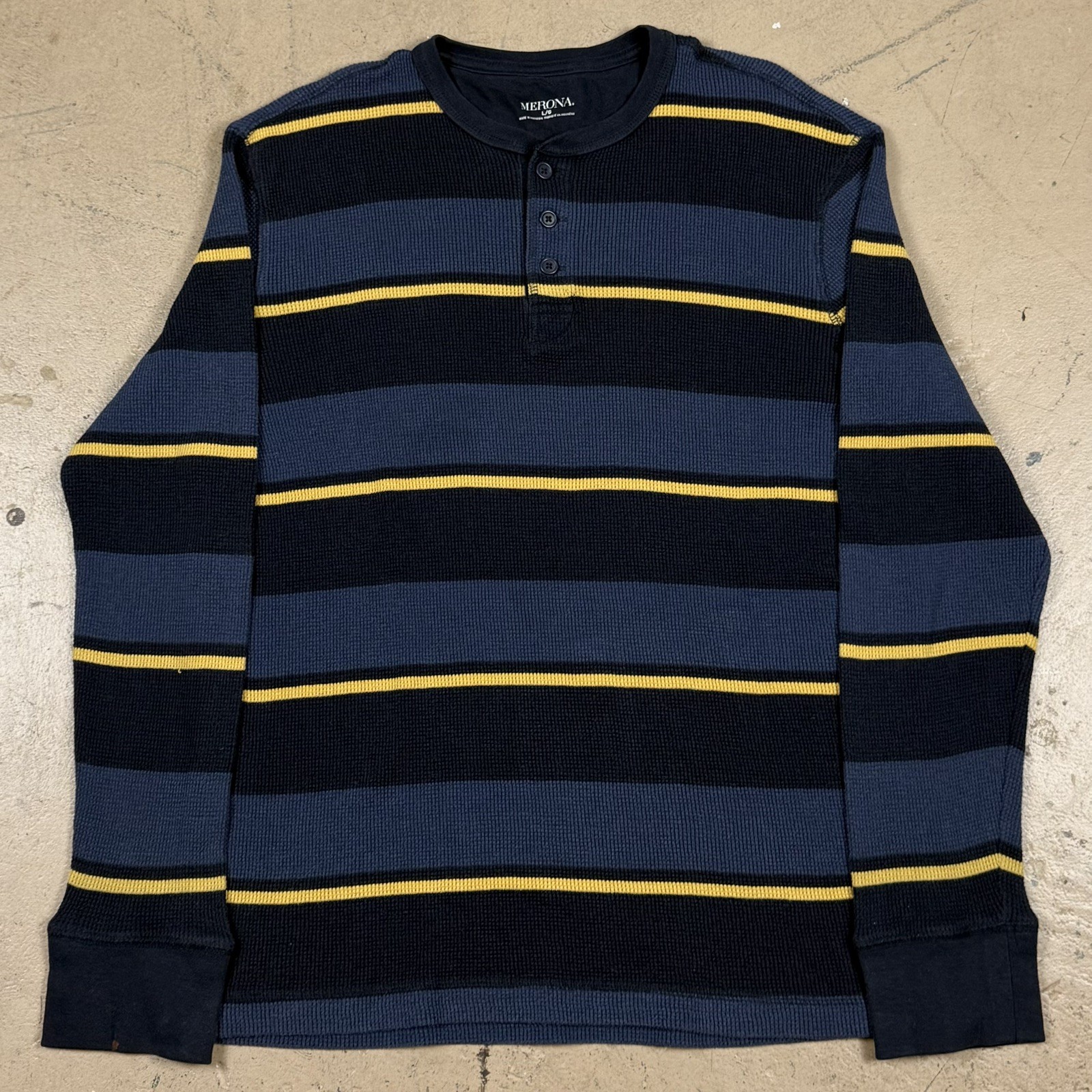 Vintage Merona Henley Waffle Knit Thermal Long Sleeve Shirt Striped Size Large
