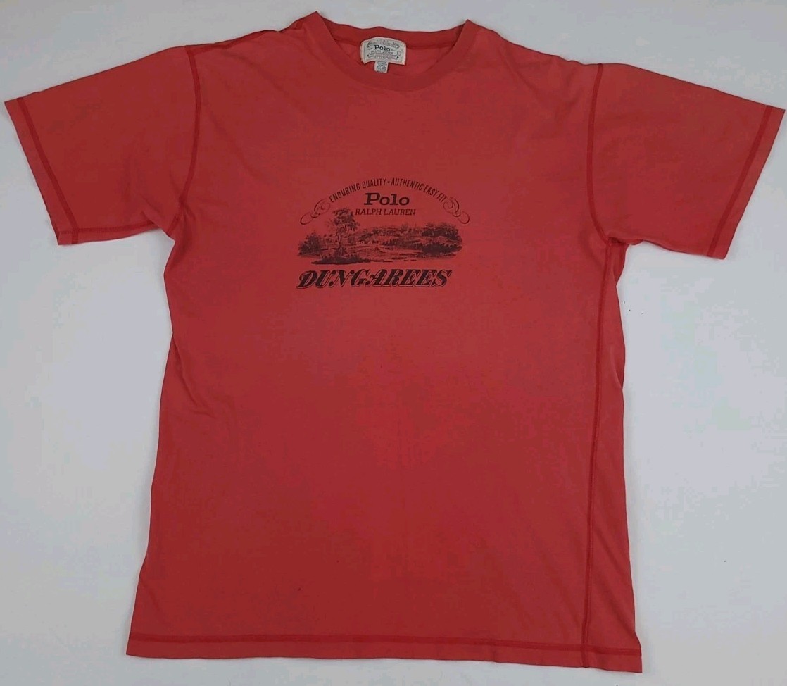 Vintage Polo Ralph Lauren Dungarees Print T Shirt Outdoor Country Sportsman WORN