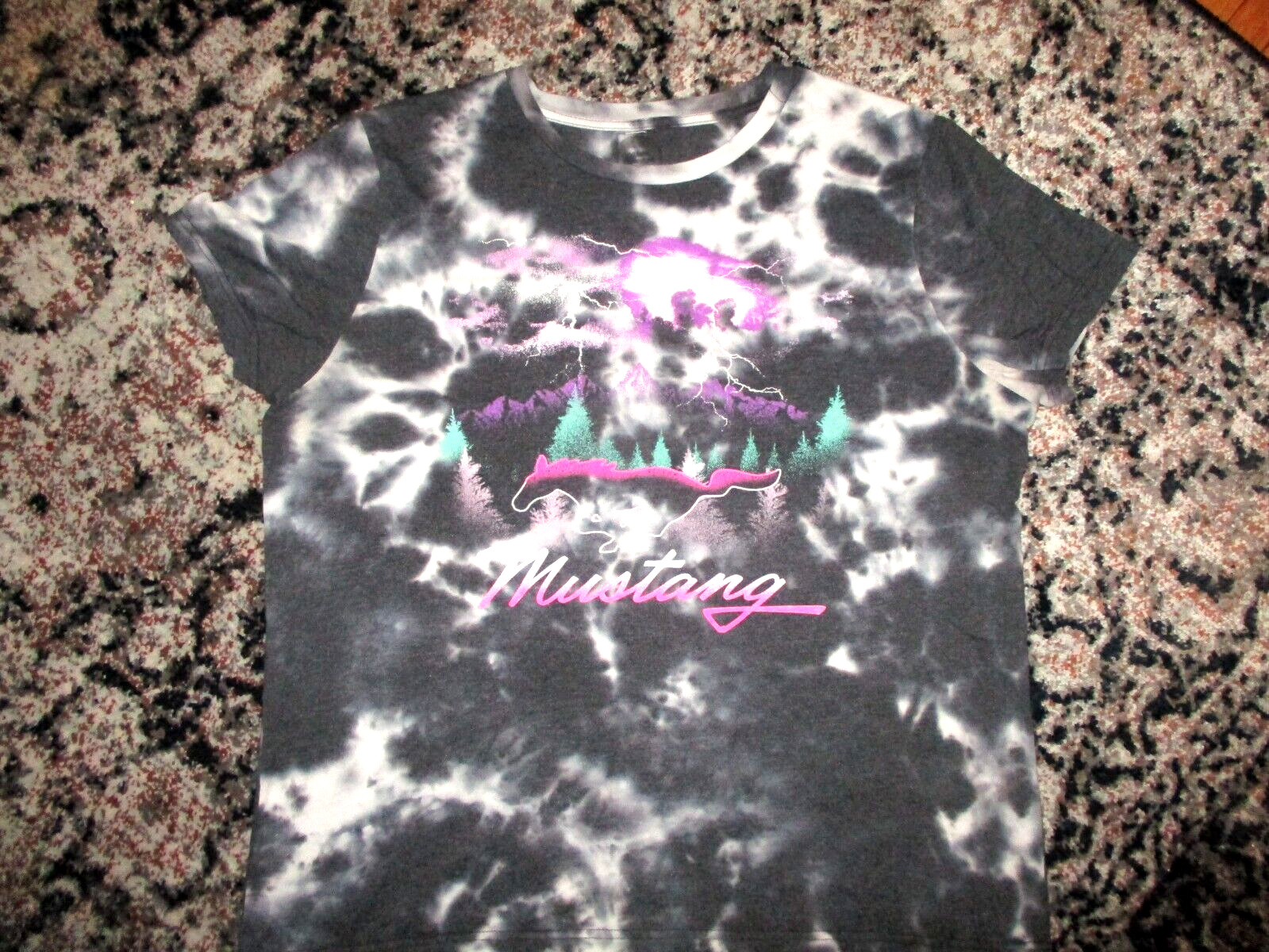 Retro 80s 90s TIE DYE FORD MUSTANG T SHIRT Ringer Pony Logo Classic Car Adult XL