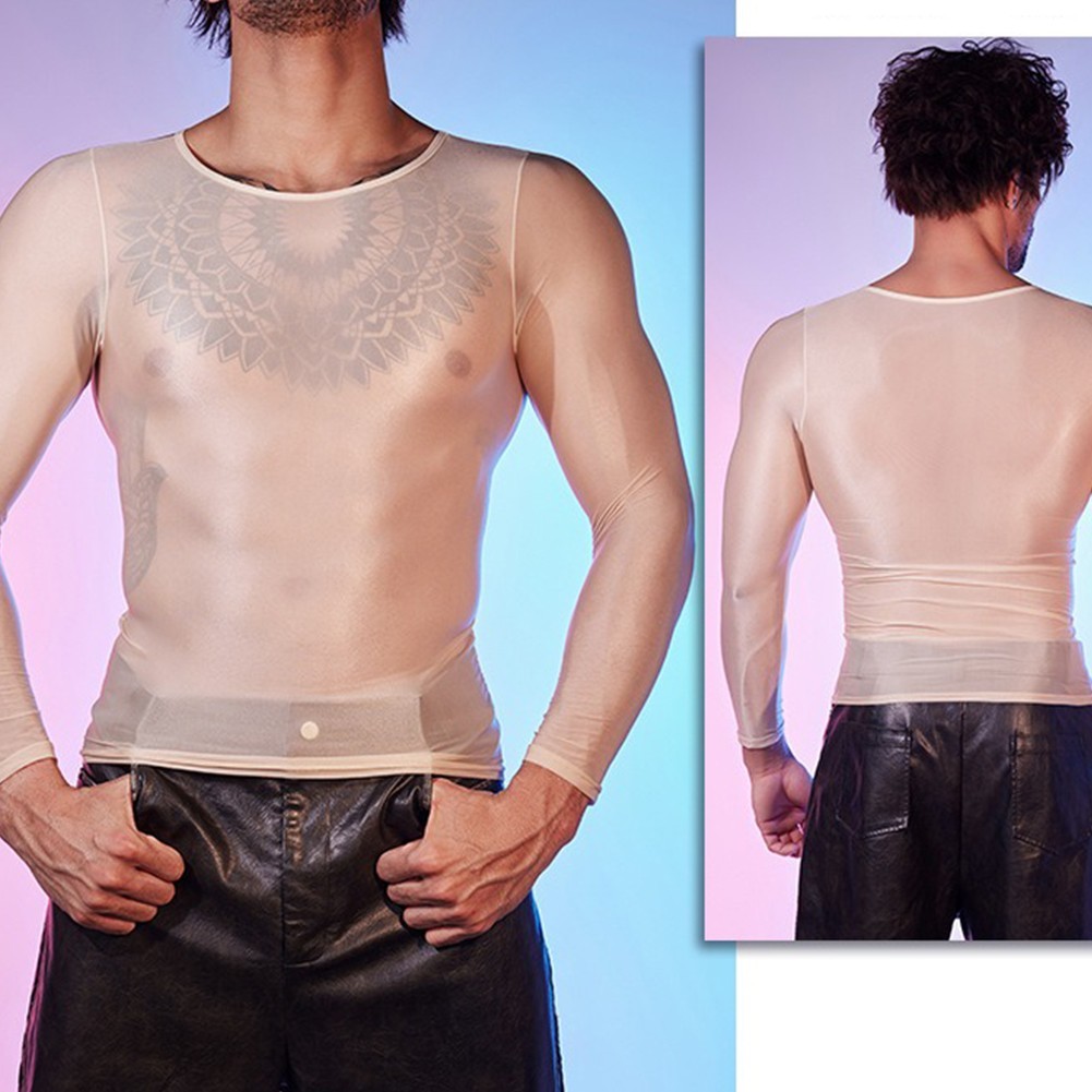 Men’s Oil Shiny See Through Long Sleeve Sheer Tights Top Sexy Lingerie Shirt