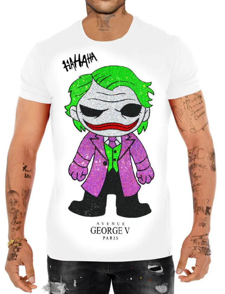 Avenue George V Paris Men’s White T-Shirt The Joker Tee Rhinestone Fitted NWT