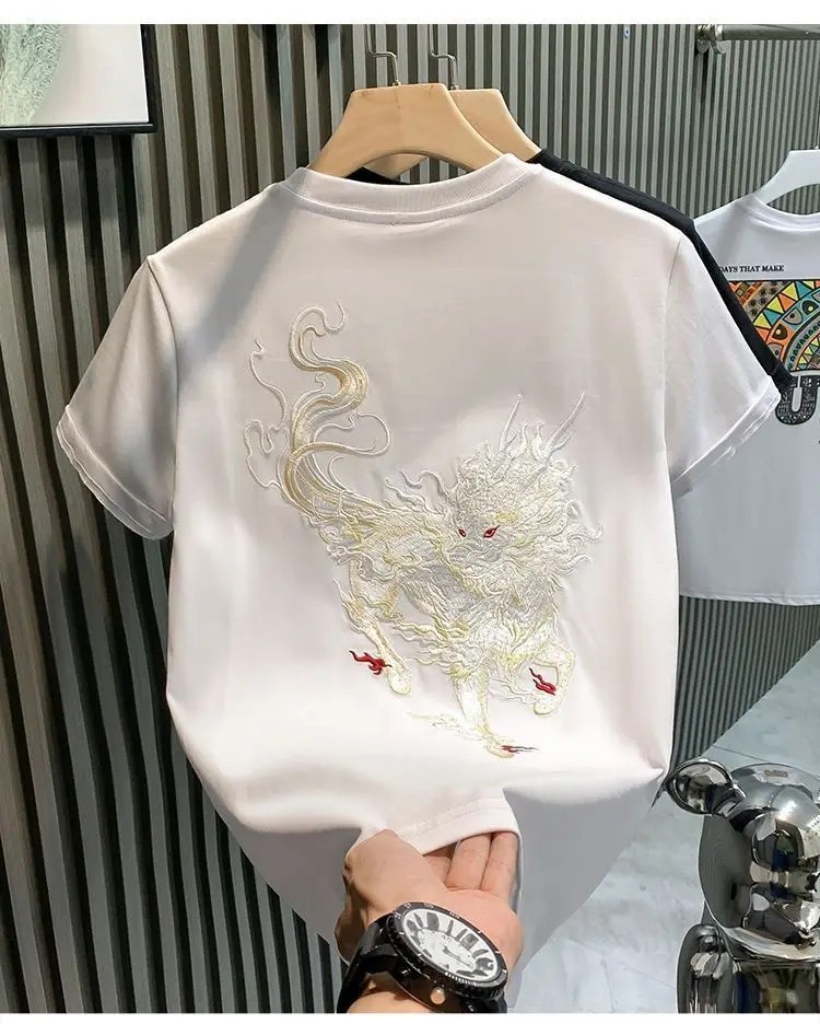 Men’s Mythical Dragon Kirin Embroidery Short Sleeve Casual Summer T-Shirt
