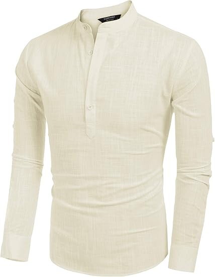 COOFANDY Men’s Cotton Linen Henley T-Shirt Long Sleeve Hippie Casual Beach Beige