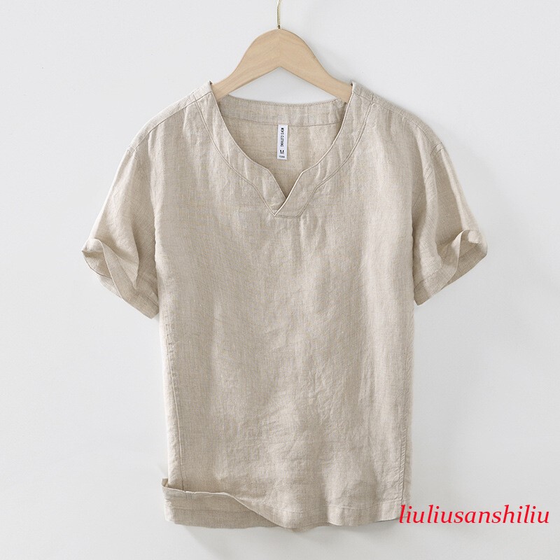 Men 100% Linen T-shirt V Neck Summer Short Sleeves Retro Tops Casual Undershirt