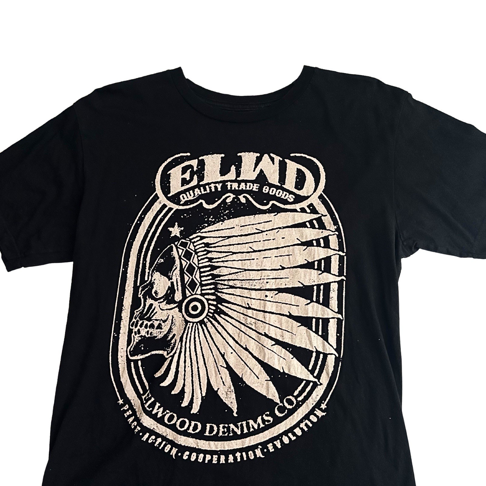 Elwood Denim Skull Headdress Graphic Tee Black Streetwear Skate Shirt Mens M