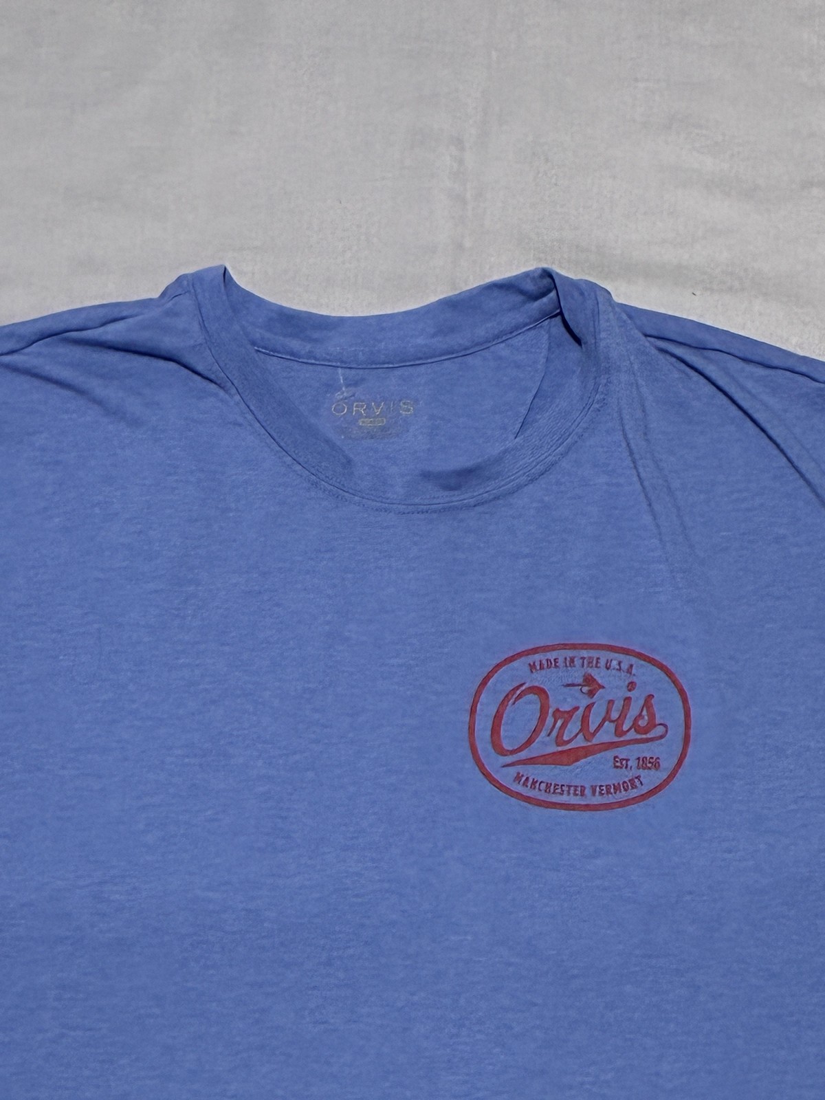 Orvis Shirt Mens XL Blue Long Sleeve Manchester Vermont Logo Graphic Tee Tagless