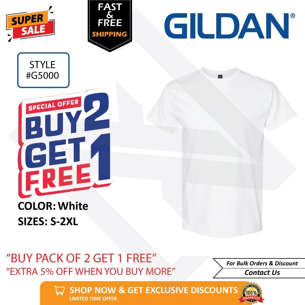 Gildan G500 Heavy Cotton T-Shirt White Unisex Adult Blank Tee S-2XL Buy 2 Get 1