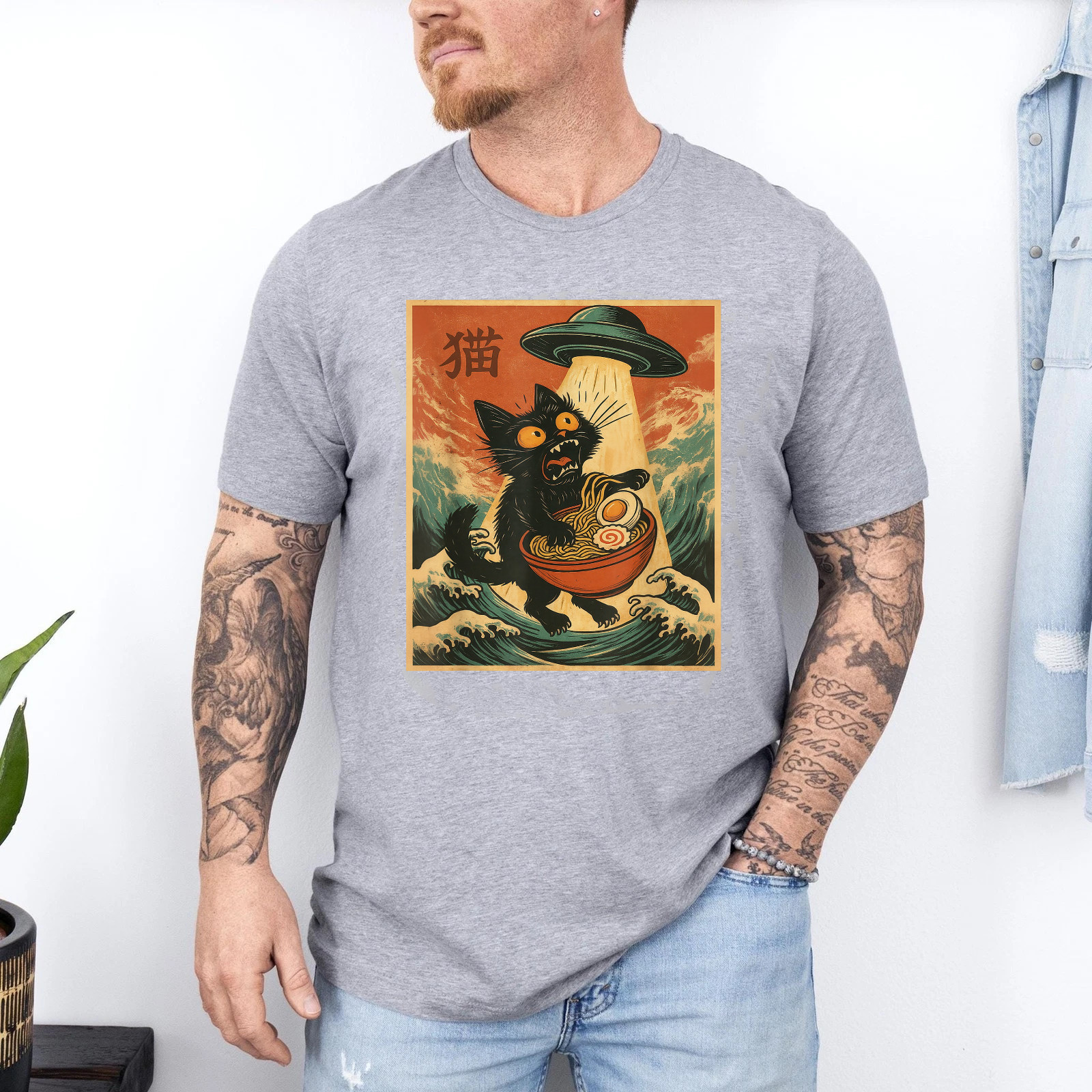 Cat Ramen UFO Funny Japanese Anime Tee Men Women Teens T-Shirt