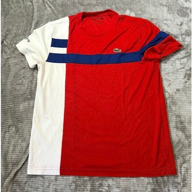 Lacoste Sport Mens Colorblock T-Shirt Red White Blue Stripe Crewneck Logo Tee