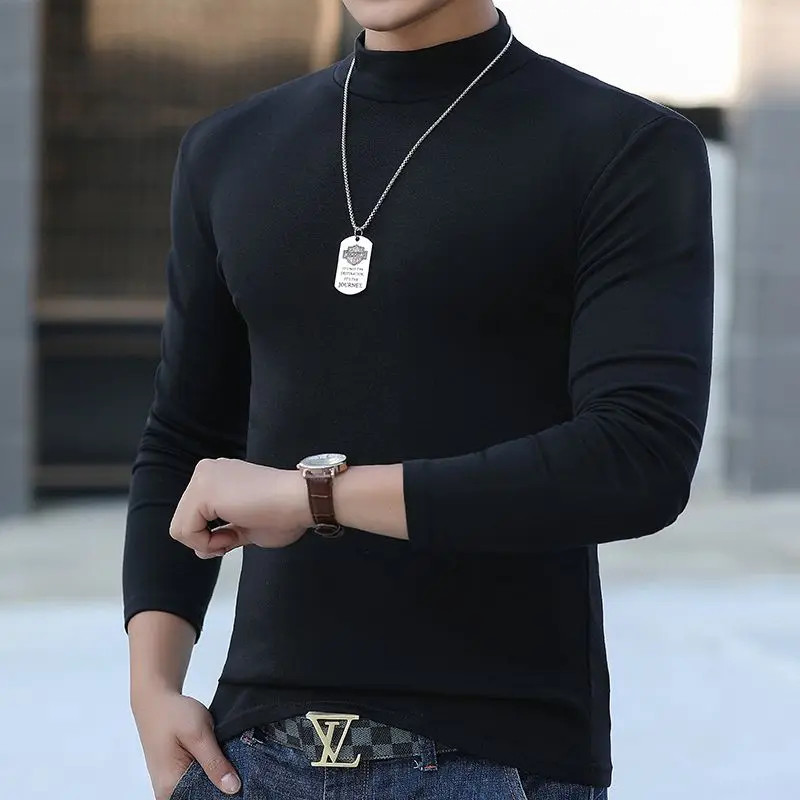 Fashion Men’s Oversize High Collar Long Sleeves Autumn Winter Pure Thermal Shirt