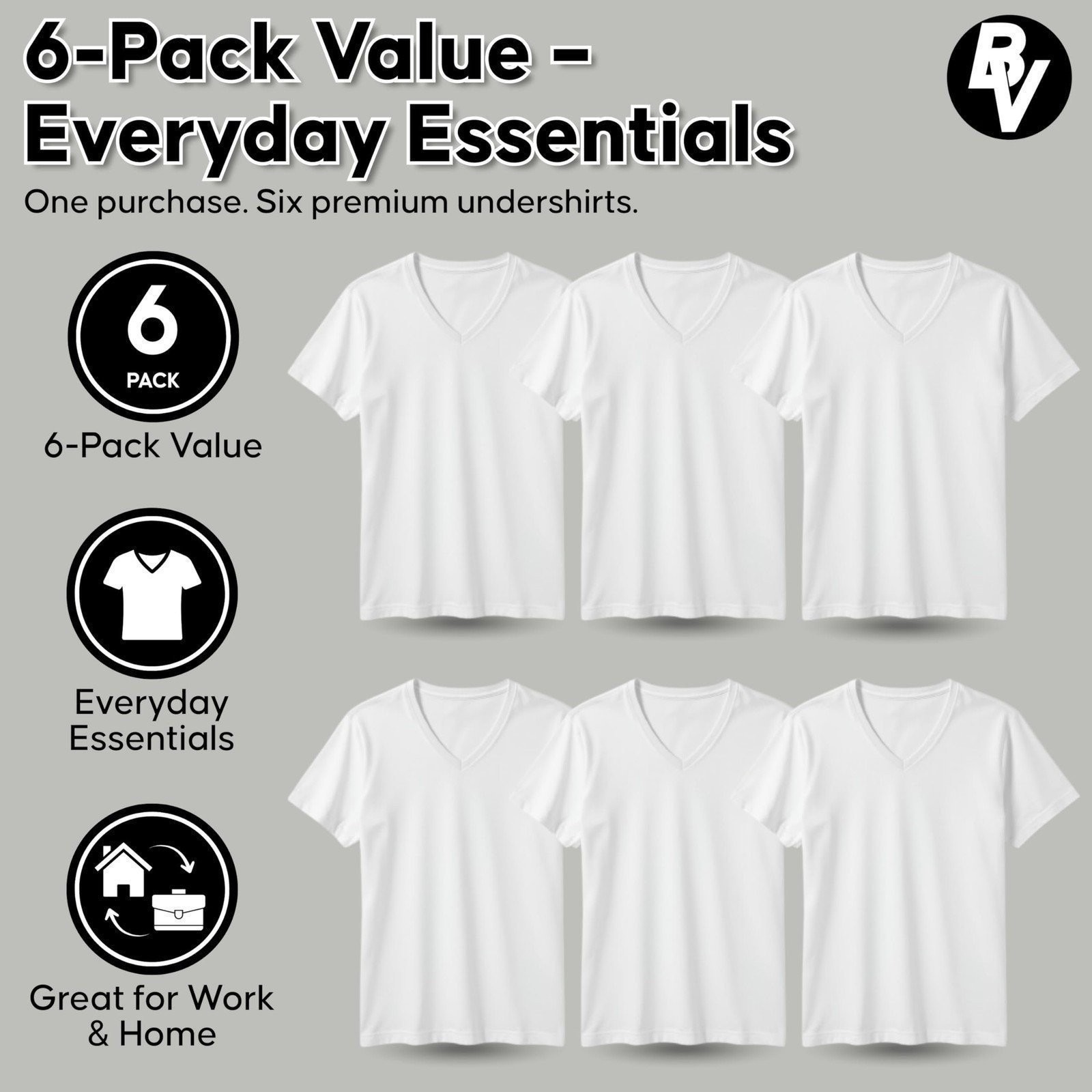 Brooklyn Vertical Mens 6-Pack V Neck Undershirts Short Sleeve Cotton Round Neck