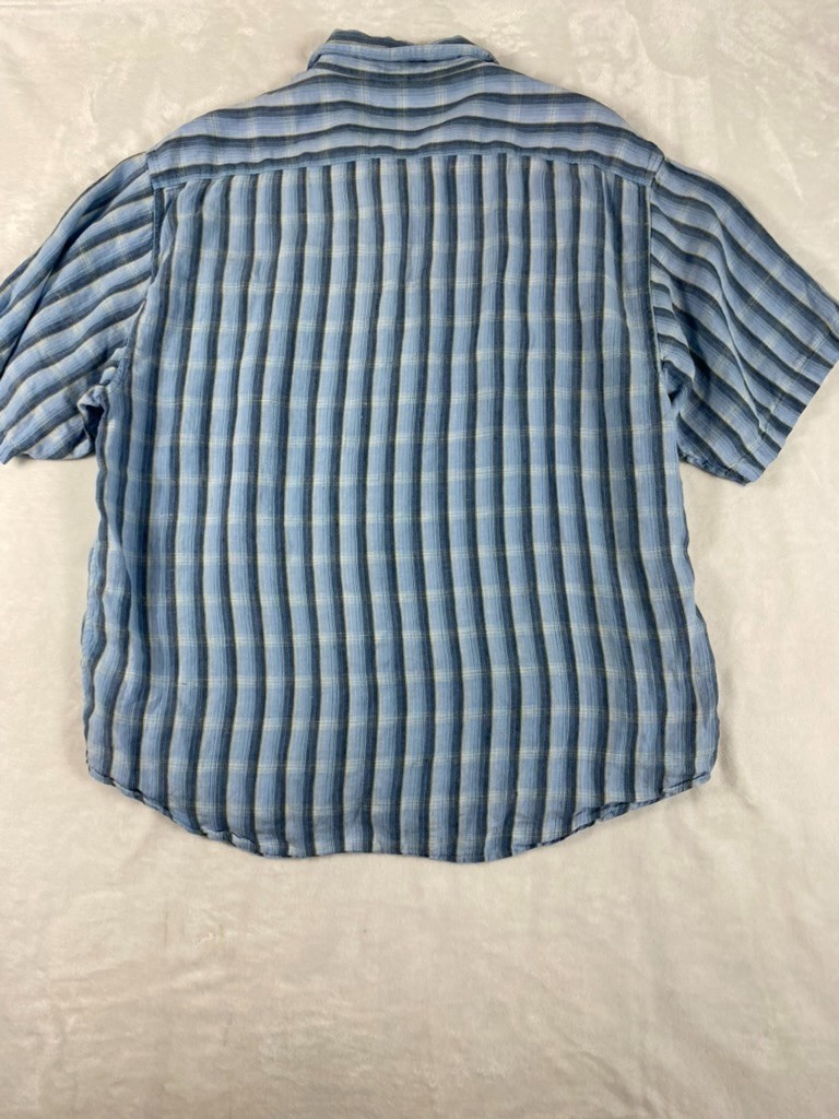 Indigo Palms 100% Irish Linen Shirt Men Sz XL Blue Plaid Short Sleeve Resort