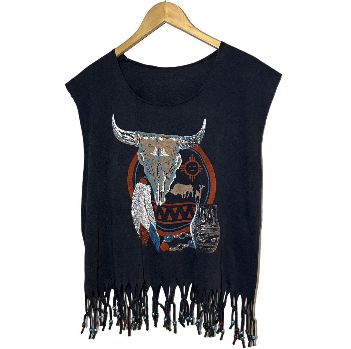 Rodeo PBR Fringe T-Shirt Mens L Black Beaded Native Style Vintage 90s Fringe USA