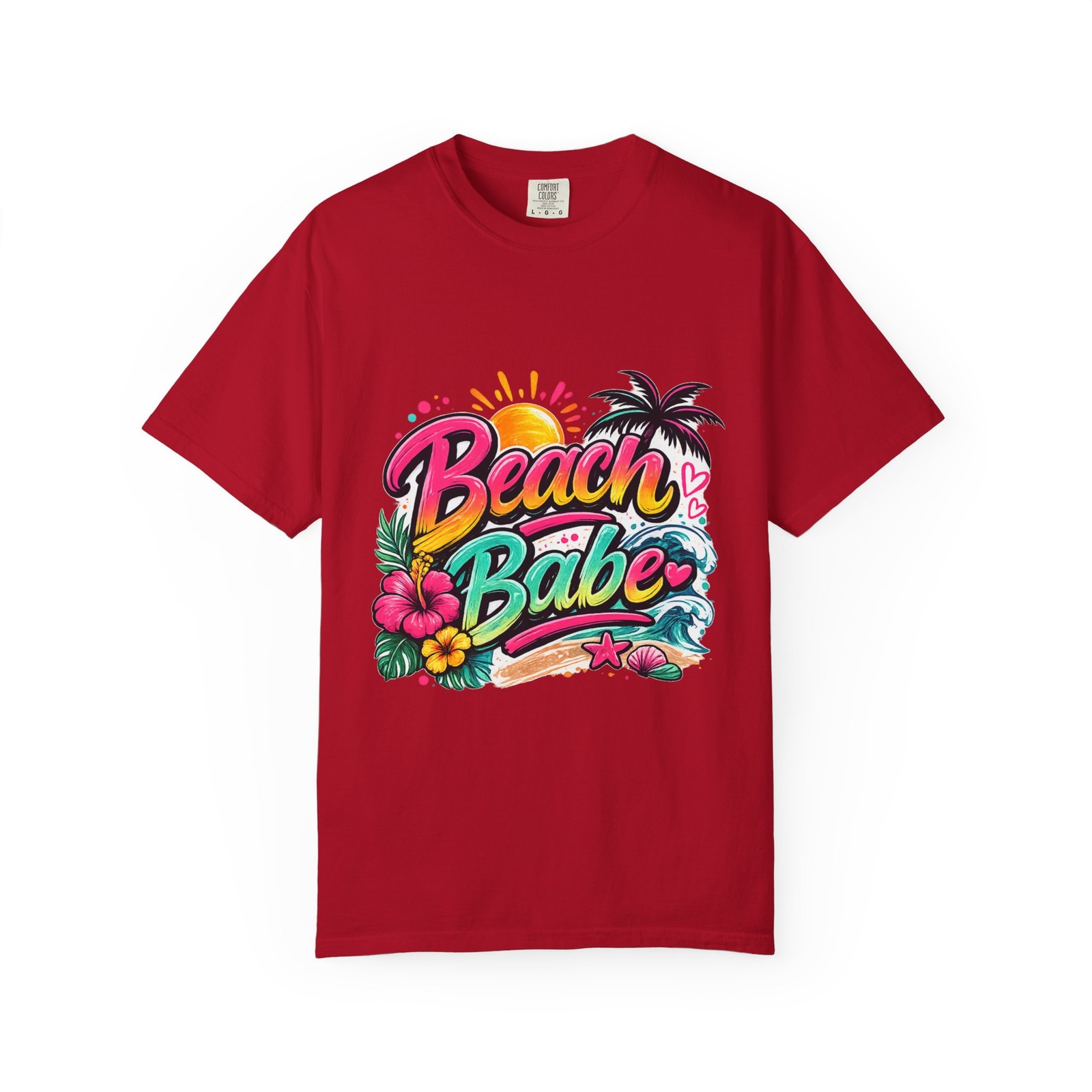 Beach Babe T-shirt | Tropical Palm Hibiscus Sunset Design