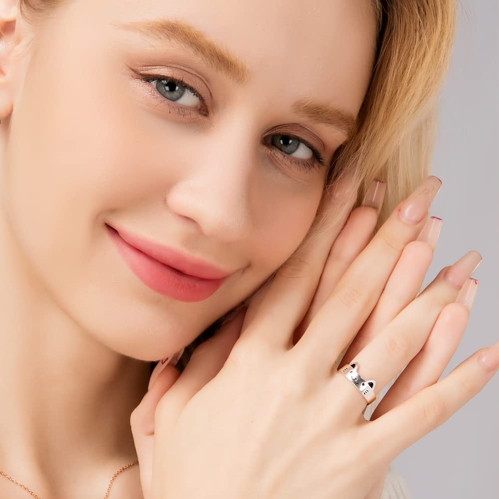 925 Sterling Silver Cat Ring, Adjustable Open Kitty Ring Size US 6-7, Cute An…