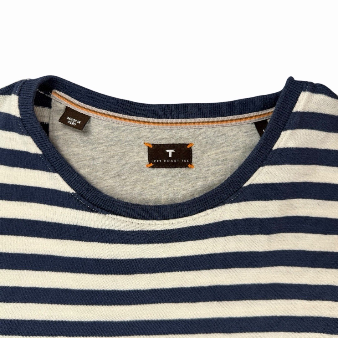 Left Coast Tee Men’s White/Navy Striped Cotton Short Sleeve Crew Neck Tee Large